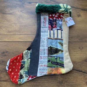 Christmas Stocking Quilted Patchwork Fabric Train Travel NEW 15” Handmade